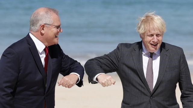 British Prime Minister Boris Johnson welcoming Australian Prime Minister Scott Morrison 